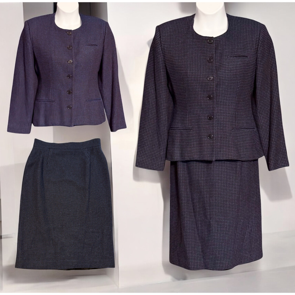 Vintage Spitalnick Women's Suit Size 12 Pencil Skirt Blazer Blue Black Pin Check